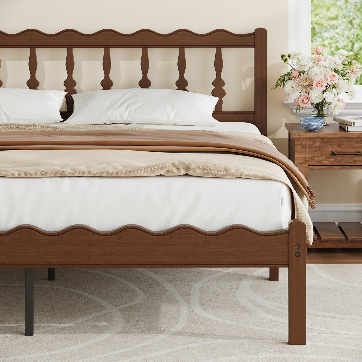 ZIYOO walnut finish bamboo bed frame styled in a warm Mid-Century modern bedroom setting
