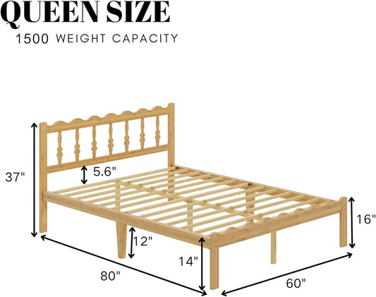 14" Queen Bamboo Bed Frame with Wavy Headboard & Footboard