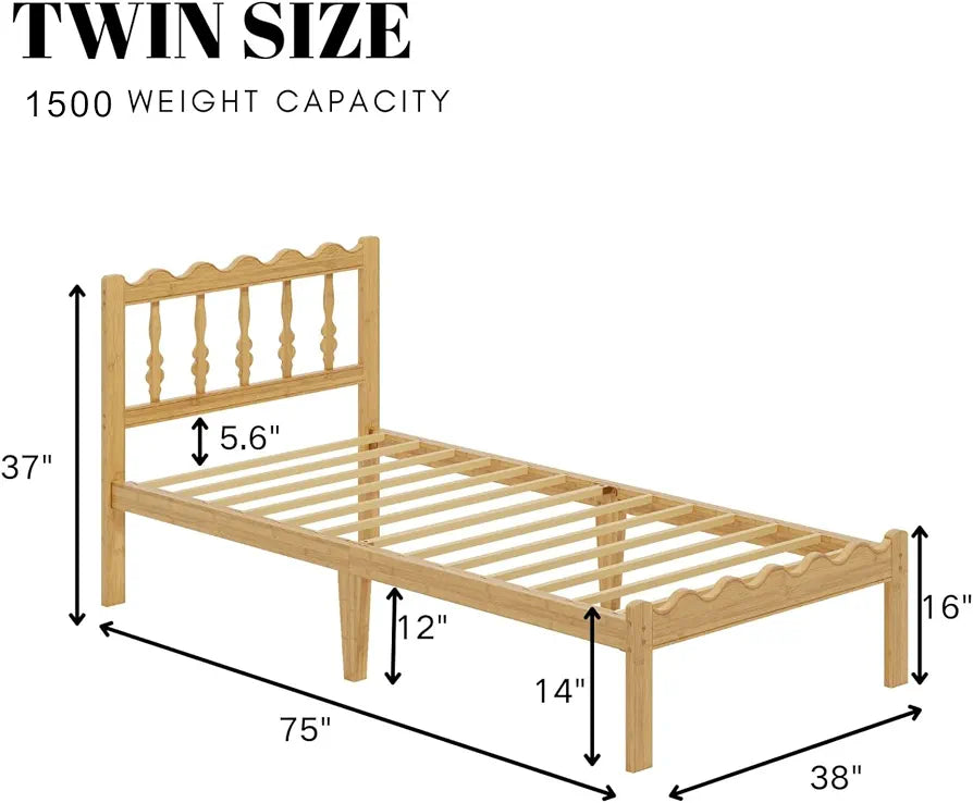 14" Twin Bamboo Bed Frame with Wavy Headboard & Footboard