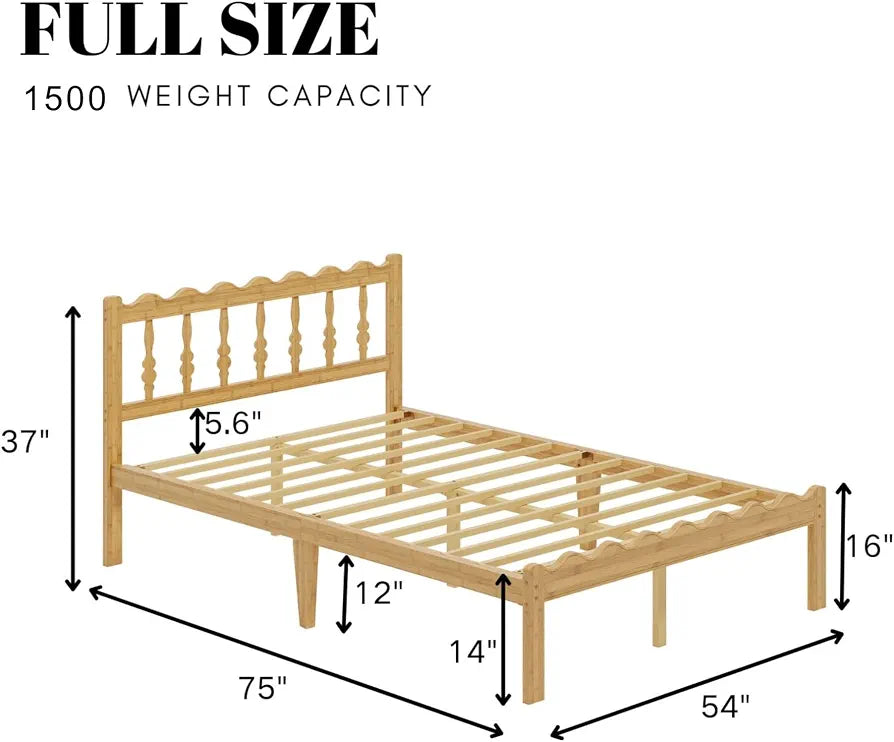 14" Full Bamboo Bed Frame with Wavy Headboard & Footboard