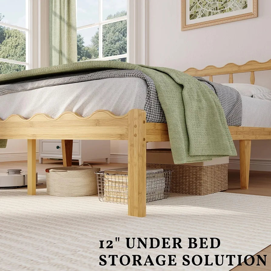 14" Full Bamboo Bed Frame with Wavy Headboard & Footboard