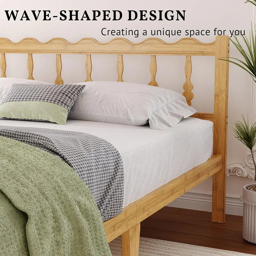 14" Queen Bamboo Bed Frame with Wavy Headboard & Footboard