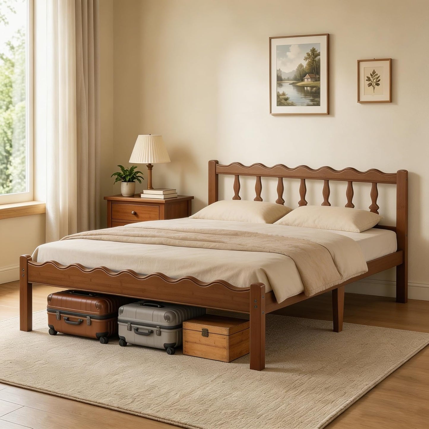 14in Mid-Century King Size Platform Bed Frame with Wavy Headboard - Solid Walnut Bamboo & Metal Construction, No Box Spring Required shopping heavy duty wooden slat