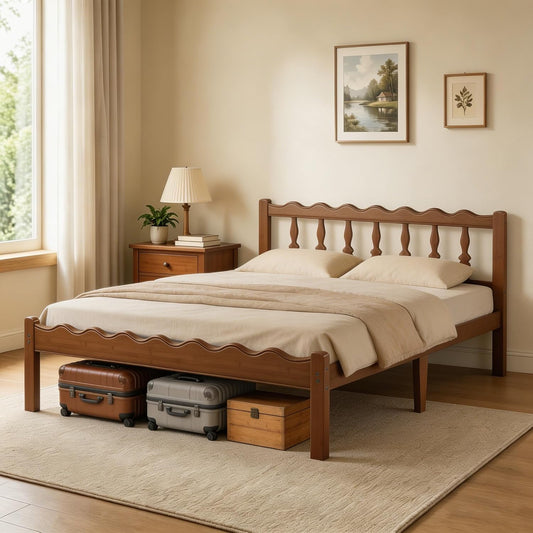 14in Mid-Century King Size Platform Bed Frame with Wavy Headboard - Solid Walnut Bamboo & Metal Construction, No Box Spring Required shopping heavy duty wooden slat