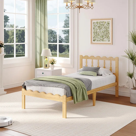 14" Twin XL Bamboo Bed Frame with Wavy Headboard & Footboard