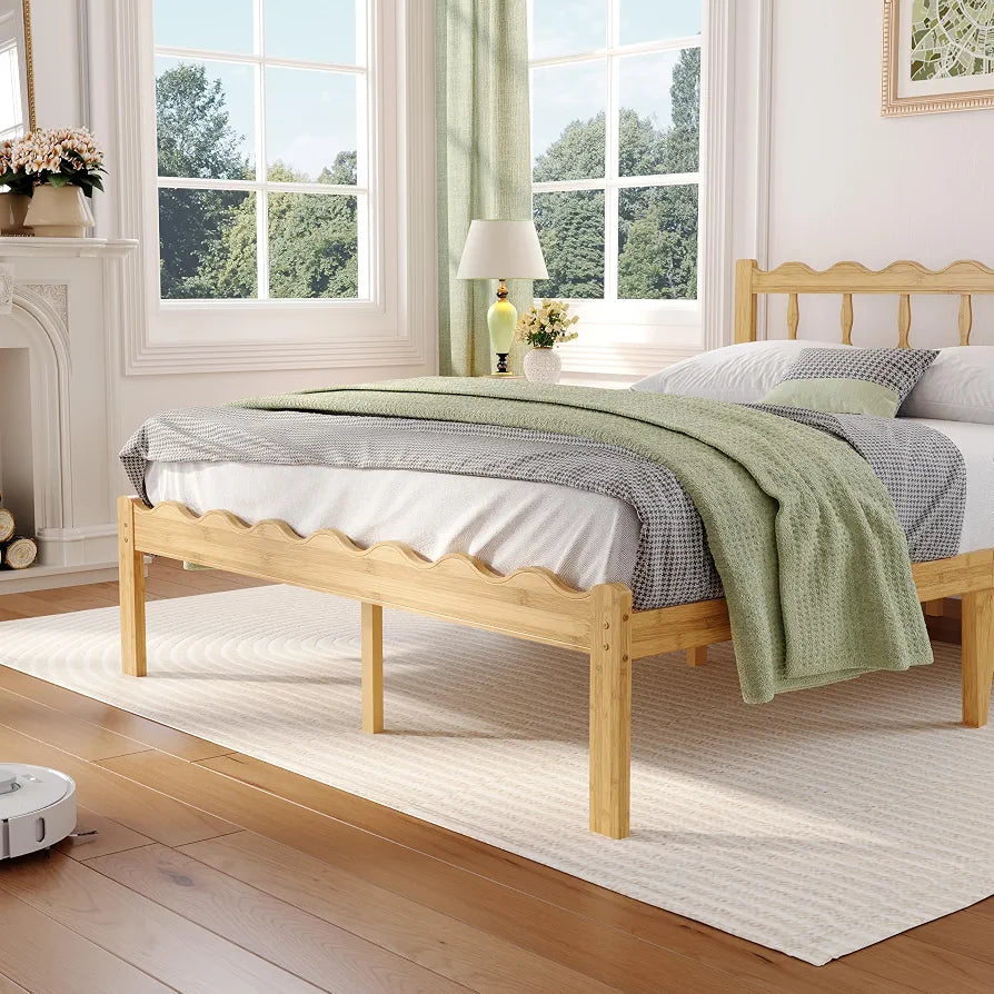 14" Queen Bamboo Bed Frame with Wavy Headboard & Footboard