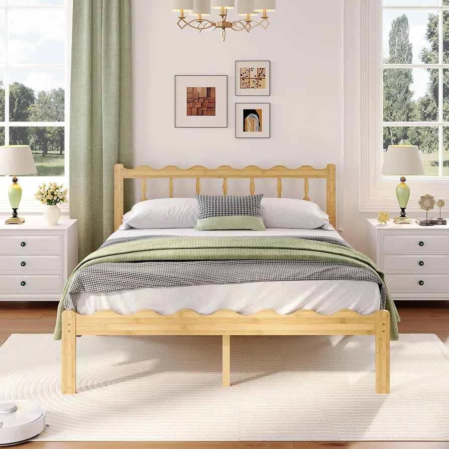 14" Queen Bamboo Bed Frame with Wavy Headboard & Footboard