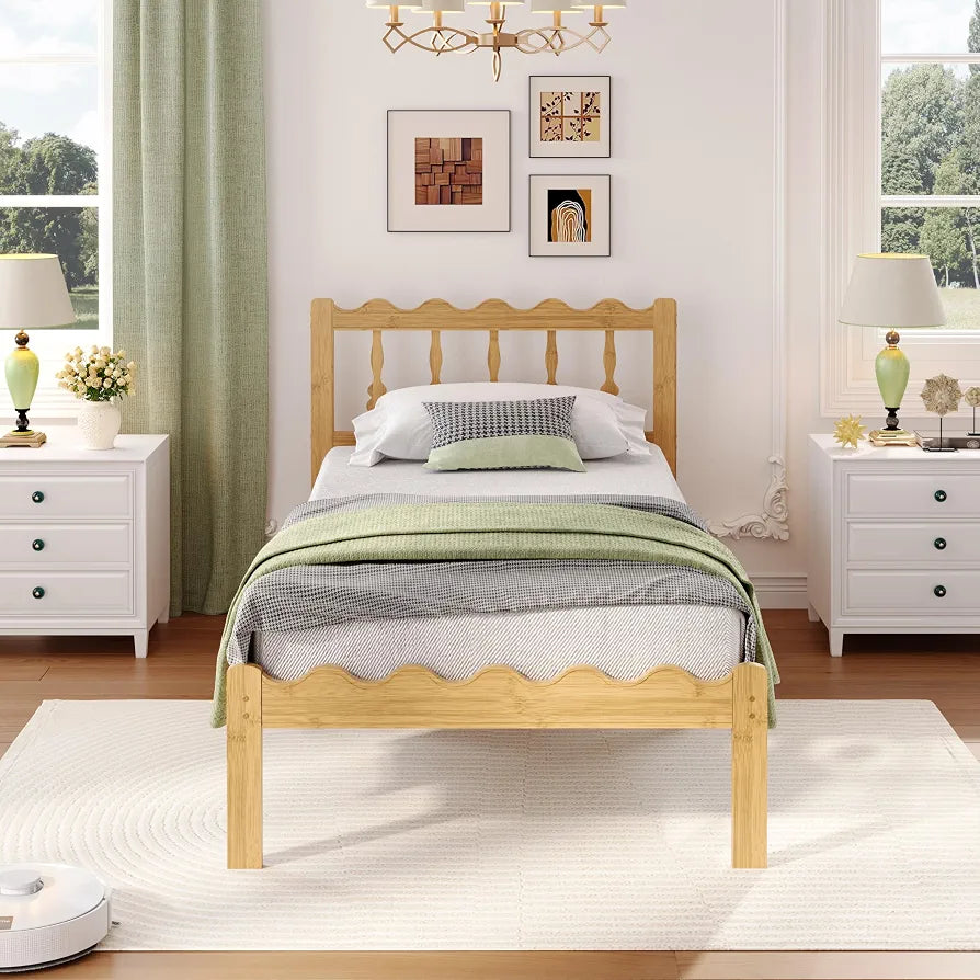 14" Twin Bamboo Bed Frame with Wavy Headboard & Footboard