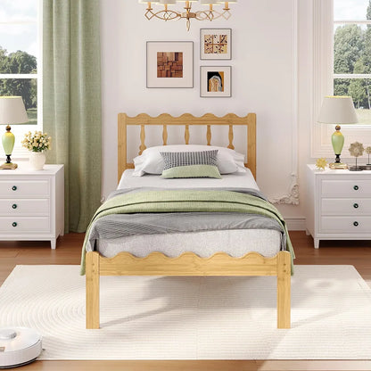 14" Twin Bamboo Bed Frame with Wavy Headboard & Footboard