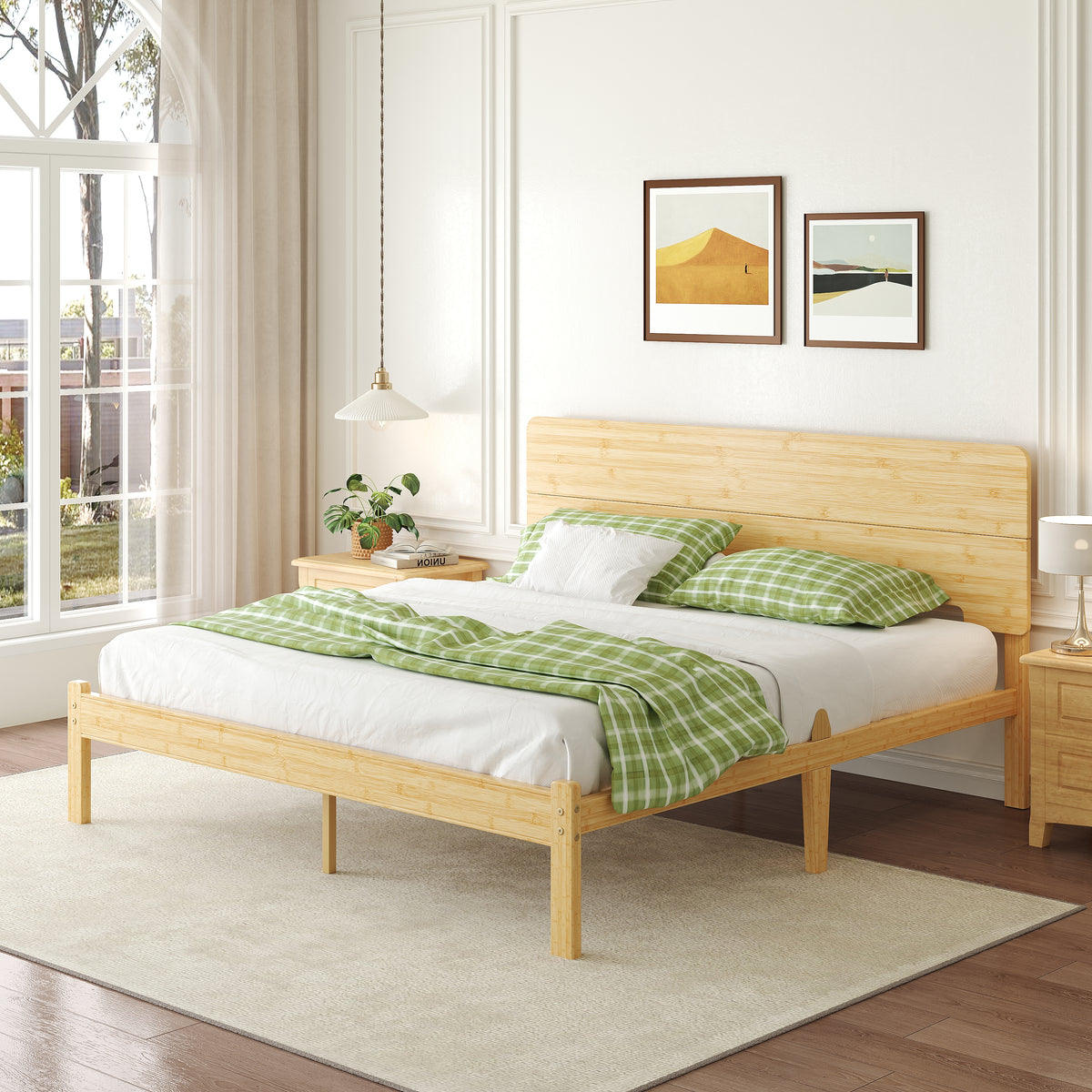 Solid headboard bamboo bed frame arranged in a cozy sunlit guest room