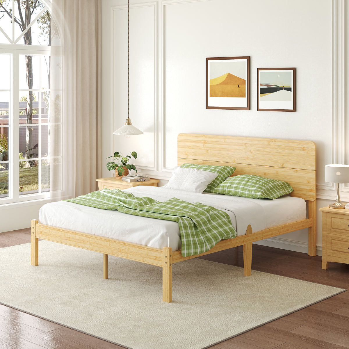 ZIYOO queen natural bamboo bed frame with solid wood headboard