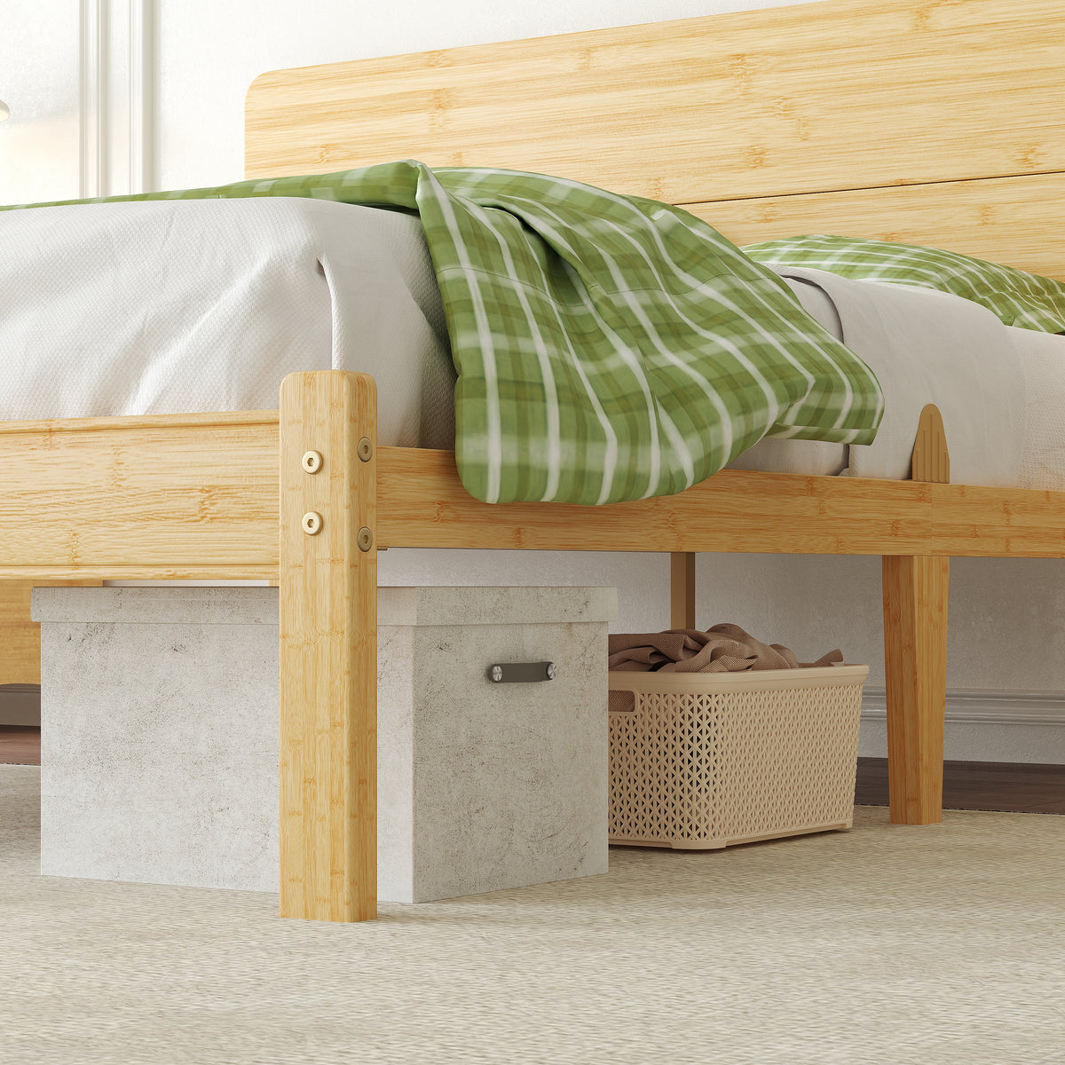 Natural bamboo platform bed frame placed in a warm Japandi decor