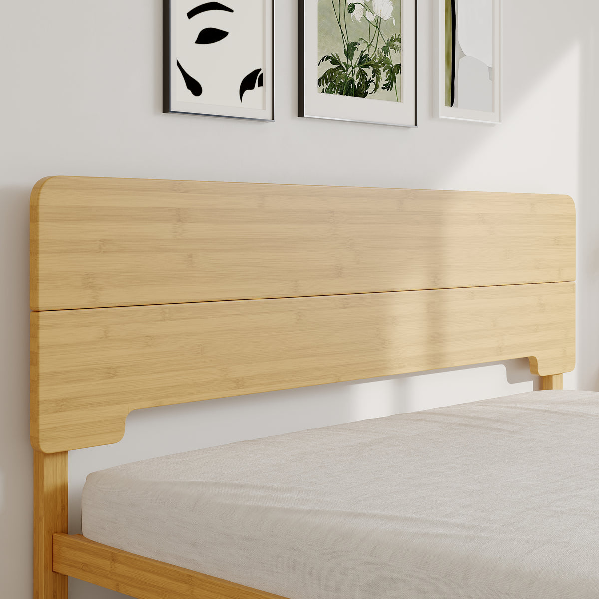 Queen size natural bamboo bed frame styled in a sunlit bedroom
