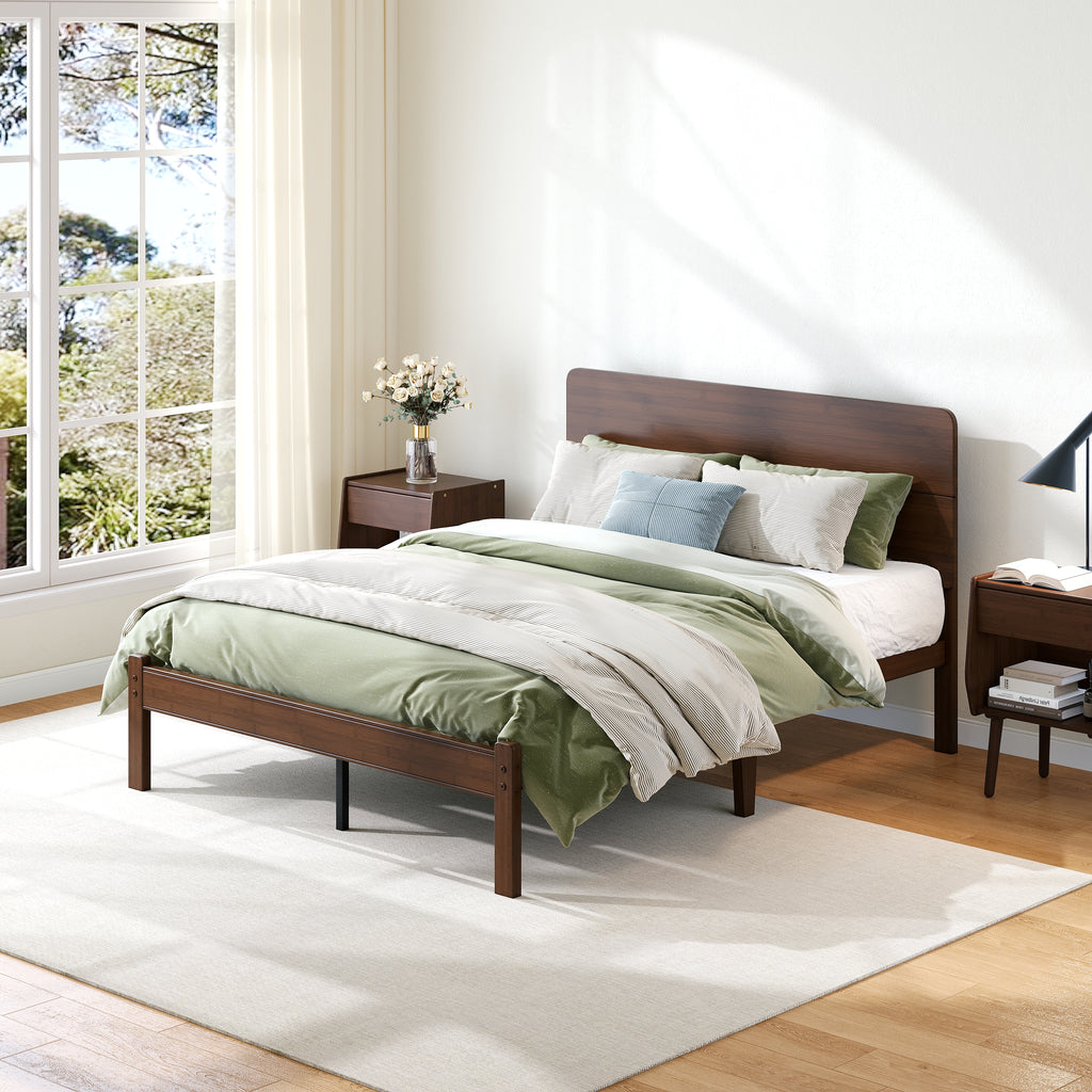 ZIYOO queen walnut bamboo bed frame with solid panel headboard