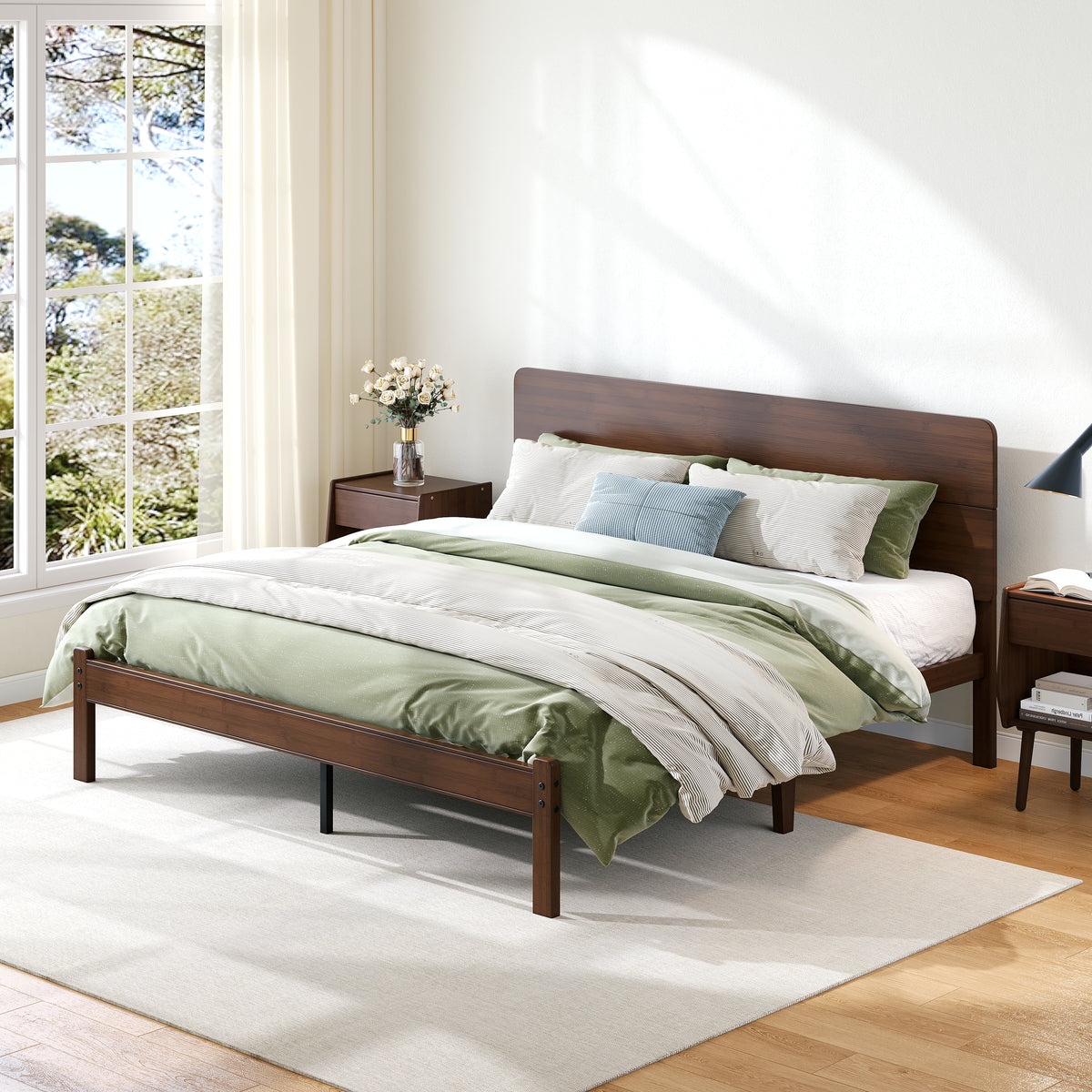 Solid headboard detail on dark walnut finish bamboo bed frame