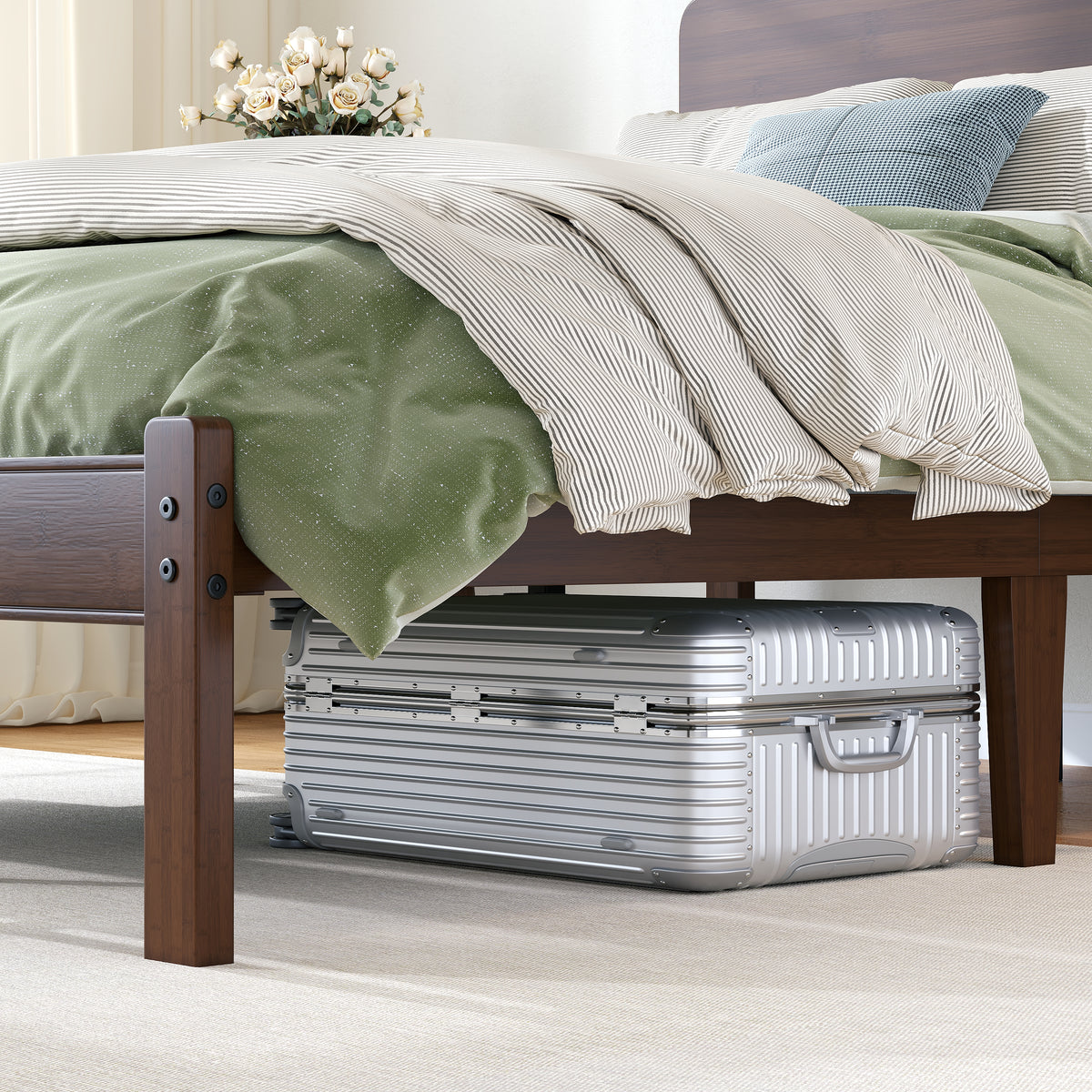 Underbed storage clearance below dark walnut bamboo platform bed