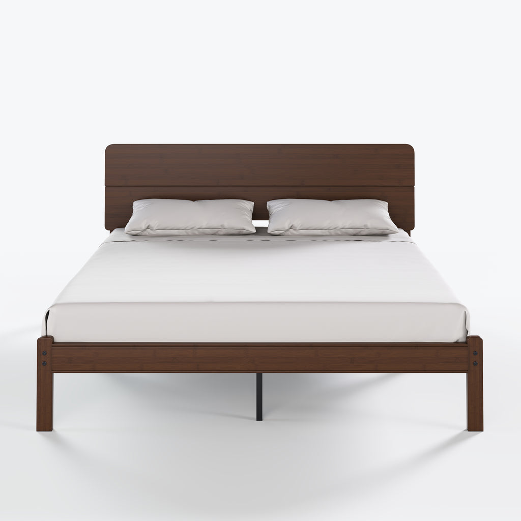 Walnut finish bamboo bed frame highlighting smooth rounded corner legs
