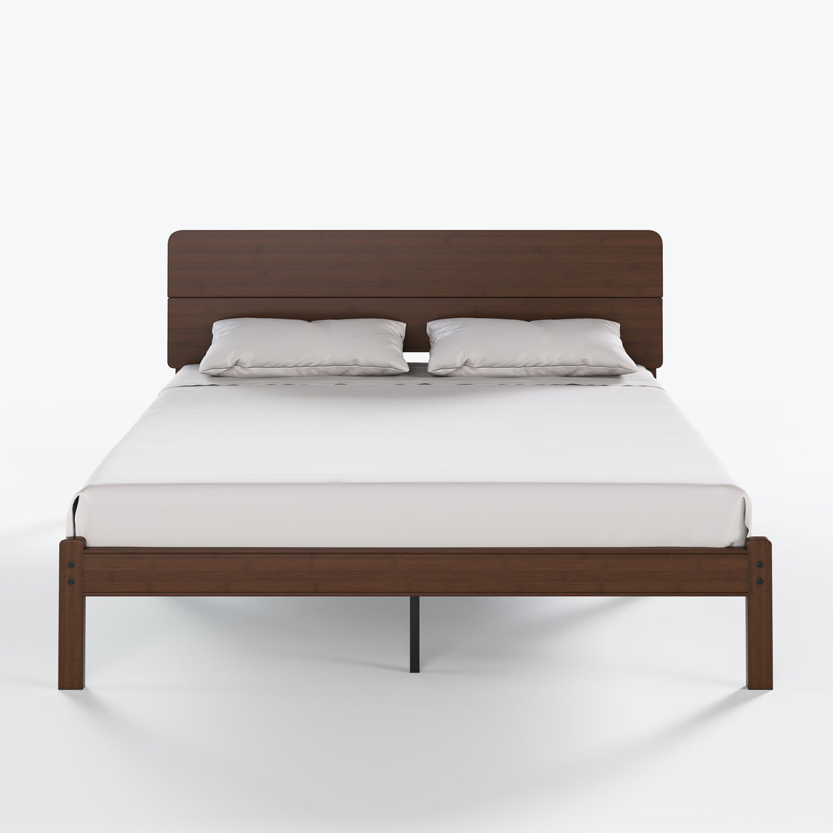 Walnut finish bamboo bed frame highlighting smooth rounded corner legs