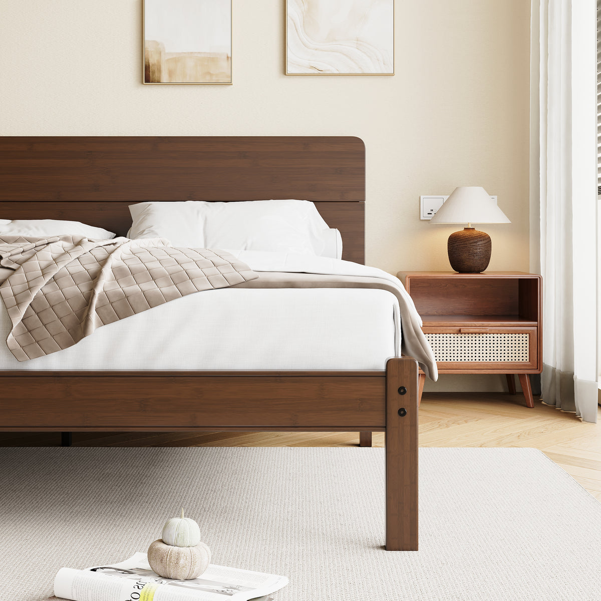 Non squeak wooden slats system built for full size walnut bamboo bed