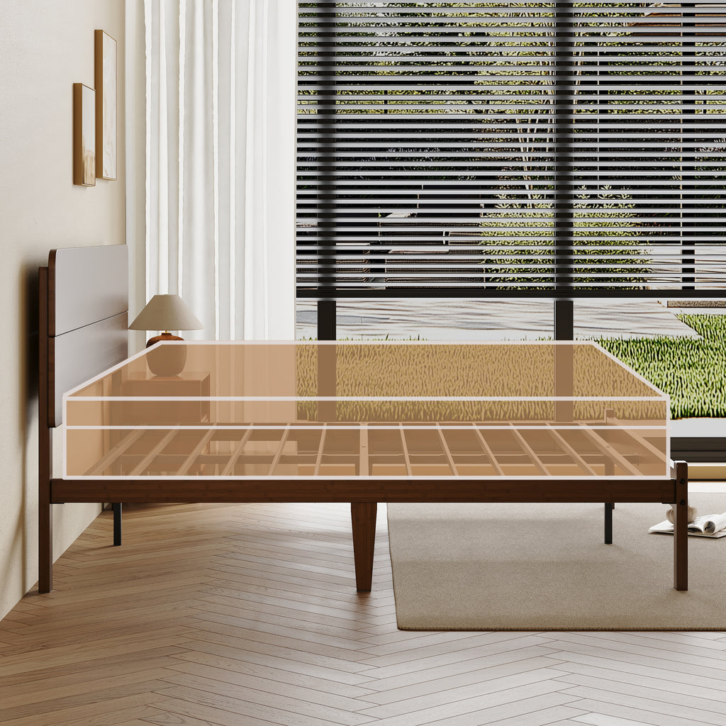 Underbed clearance below queen dark walnut platform bed for storage
