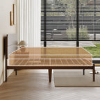 Underbed clearance below queen dark walnut platform bed for storage