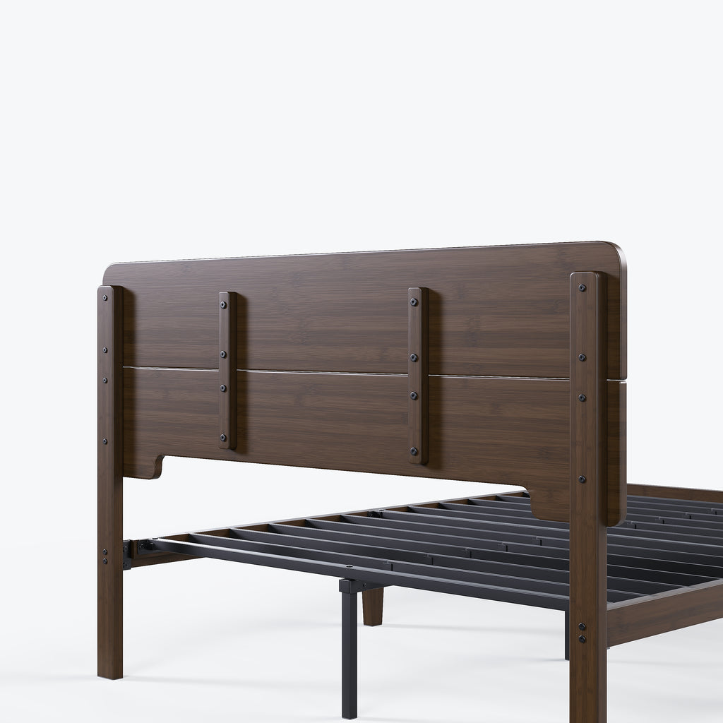Walnut bamboo platform bed frame styled with mid century nightstands