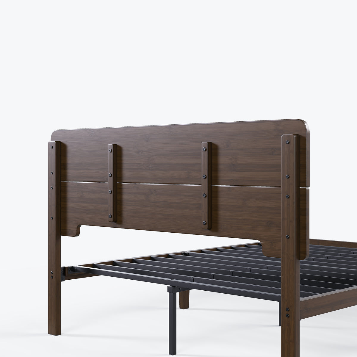 Walnut bamboo platform bed frame styled with mid century nightstands