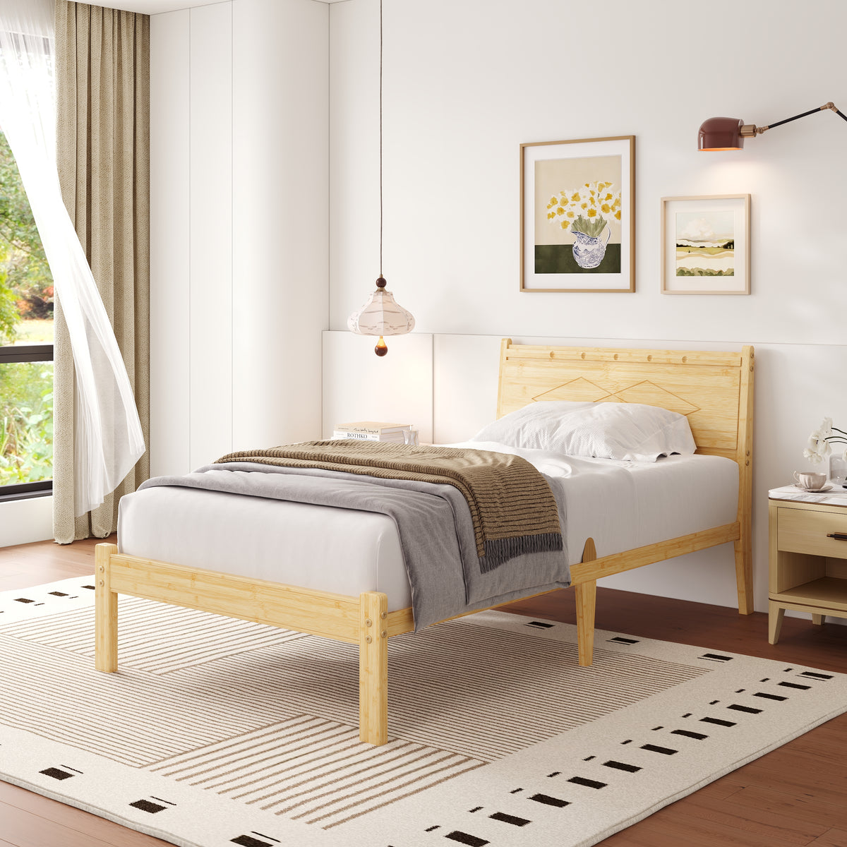Boho minimalist bedroom setup with ZIYOO light wood bed frame