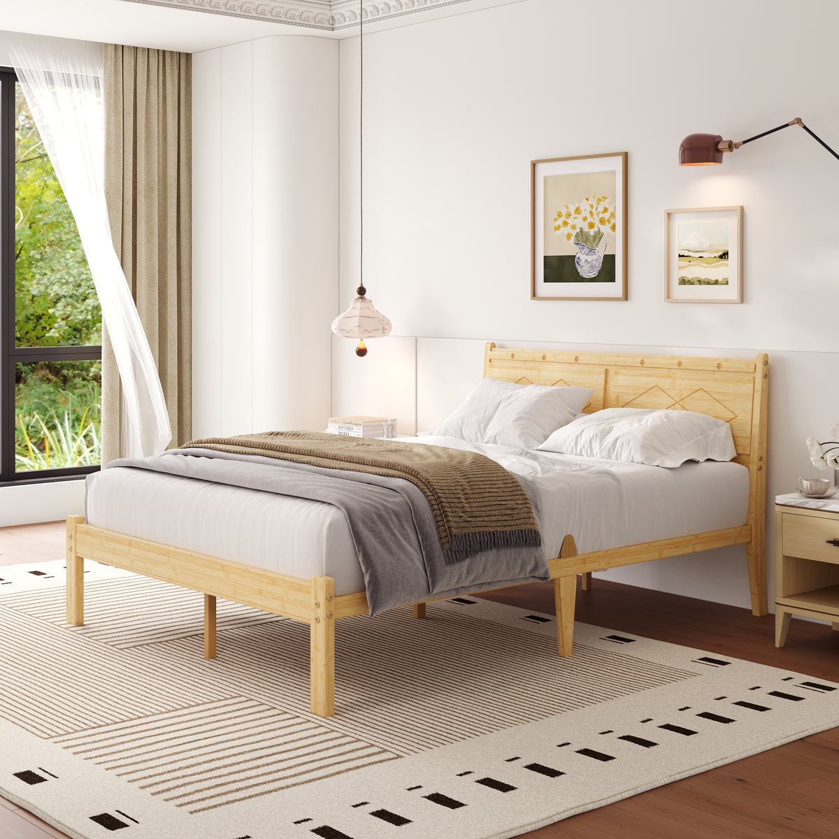 Light wood platform bed frame in a Japandi style bedroom with warm organic textures