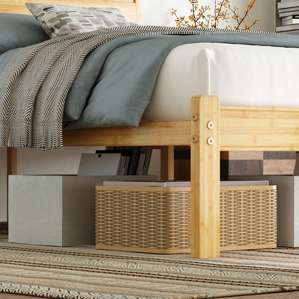 Warm minimalist bedroom with a light wood platform bed illuminated by cozy bedside lights