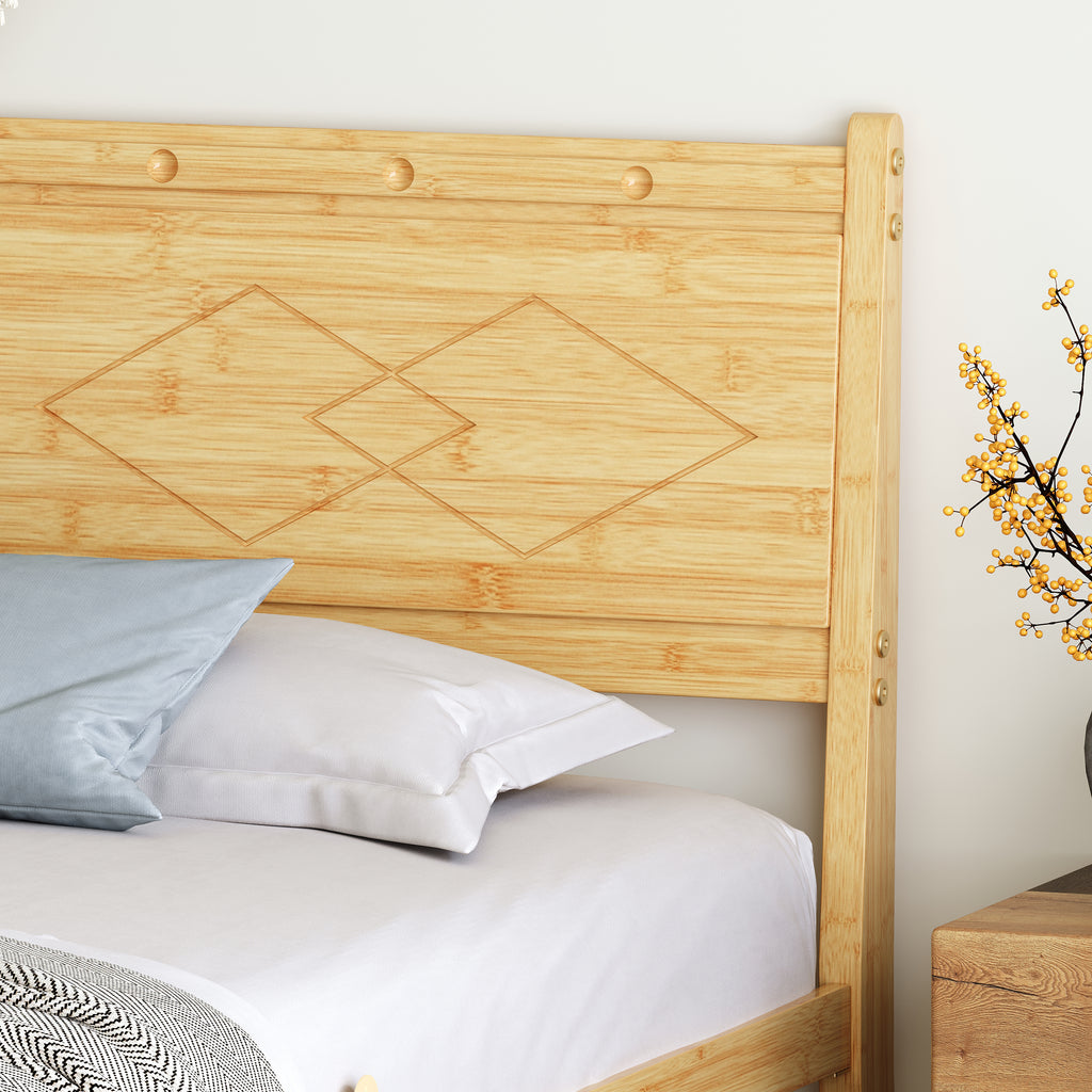 Close-up of carved diamond pattern on light wood bed frame headboard