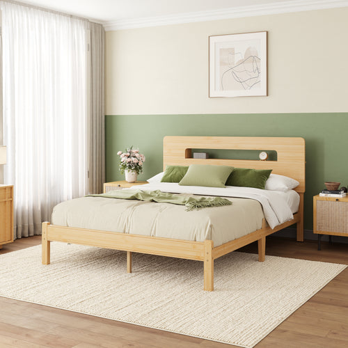 ZIYOO queen natural bamboo platform bed frame with storage headboard shelf