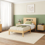 Close-up of built-in headboard storage shelf on light natural bamboo bed frame