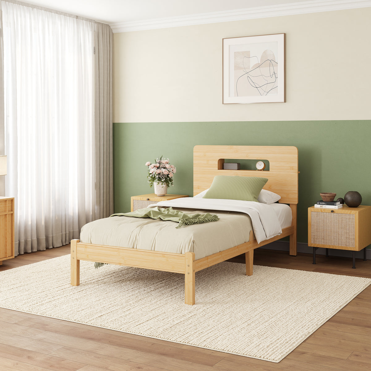 Close-up of built-in headboard storage shelf on light natural bamboo bed frame