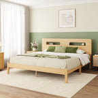 Japandi bedroom interior with a queen natural bamboo platform bed and nightstand