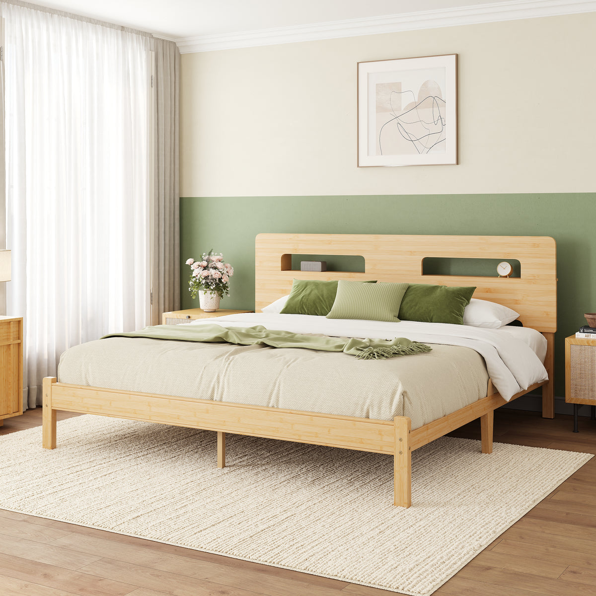 Japandi bedroom interior with a queen natural bamboo platform bed and nightstand