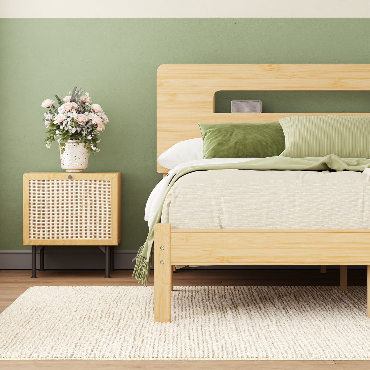 Boho aesthetic bedroom decor featuring a queen light wood bed frame with shelf