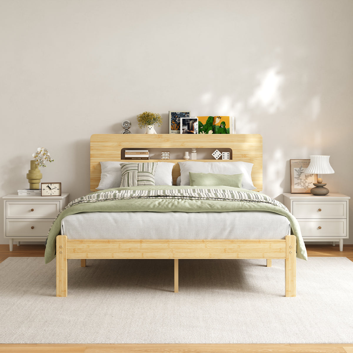 Apartment small bedroom decor with a queen natural bamboo storage headboard bed