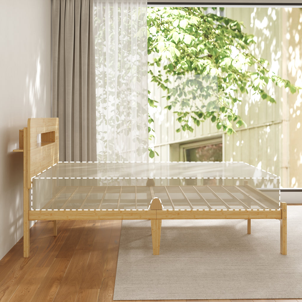 Guest room setup with a queen natural bamboo platform bed and bedhead shelf