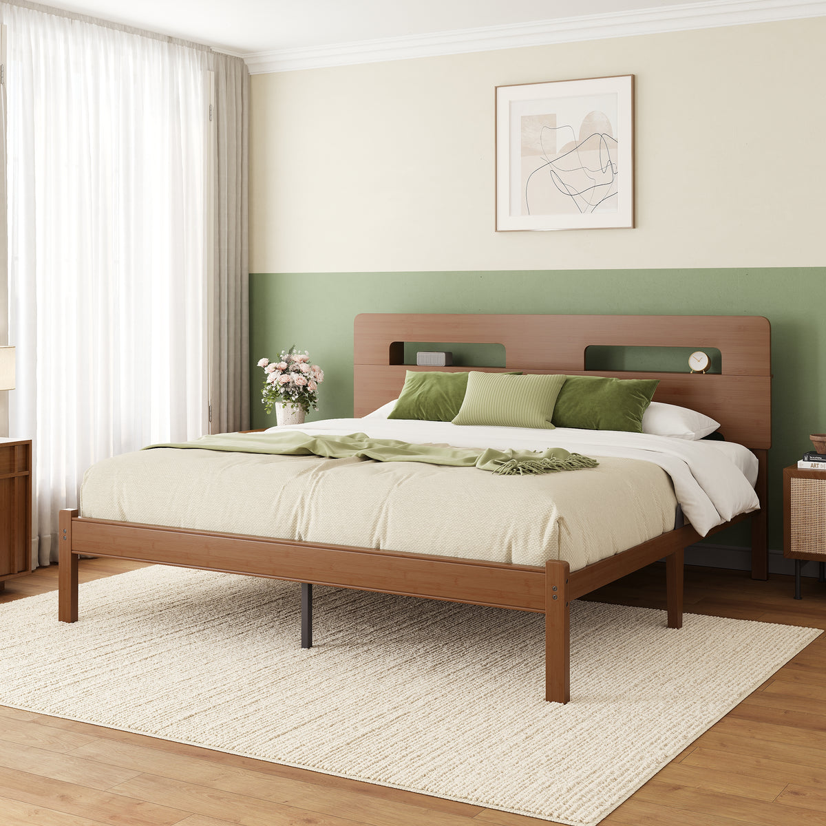 Robotic vacuum underbed storage clearance below queen walnut bamboo bed frame
