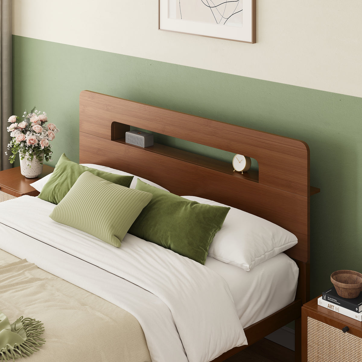 Mid century modern master bedroom featuring a king walnut finish platform bed