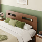 Apartment bedroom decor with a full walnut platform bed and storage headboard