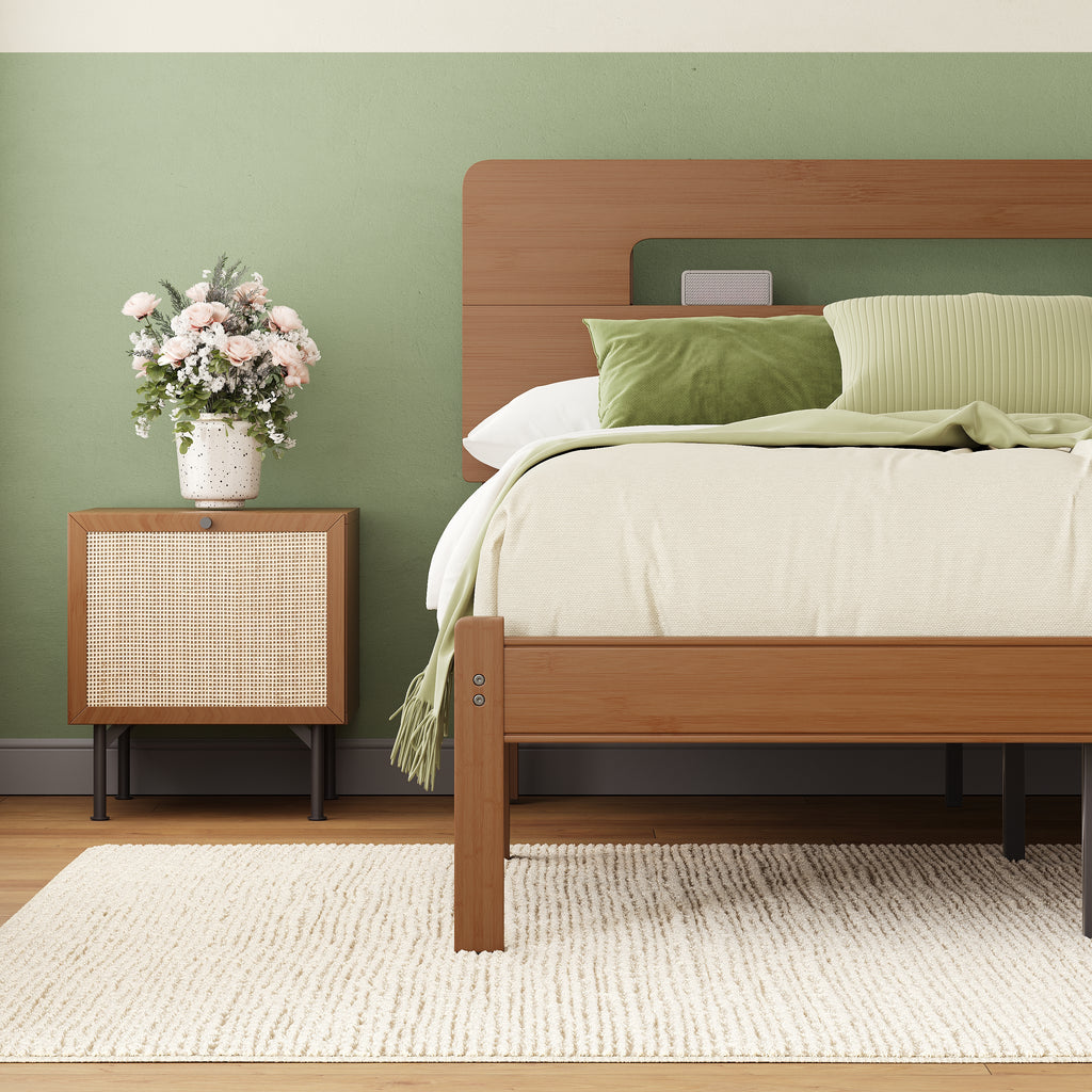 Close-up of built-in storage shelf on walnut finish wooden bed frame headboard