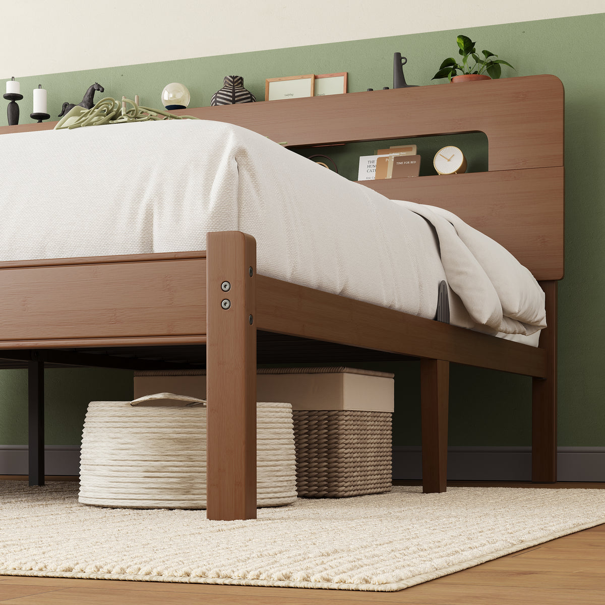 Cozy modern farmhouse bedroom setup with a dark walnut bamboo bed frame
