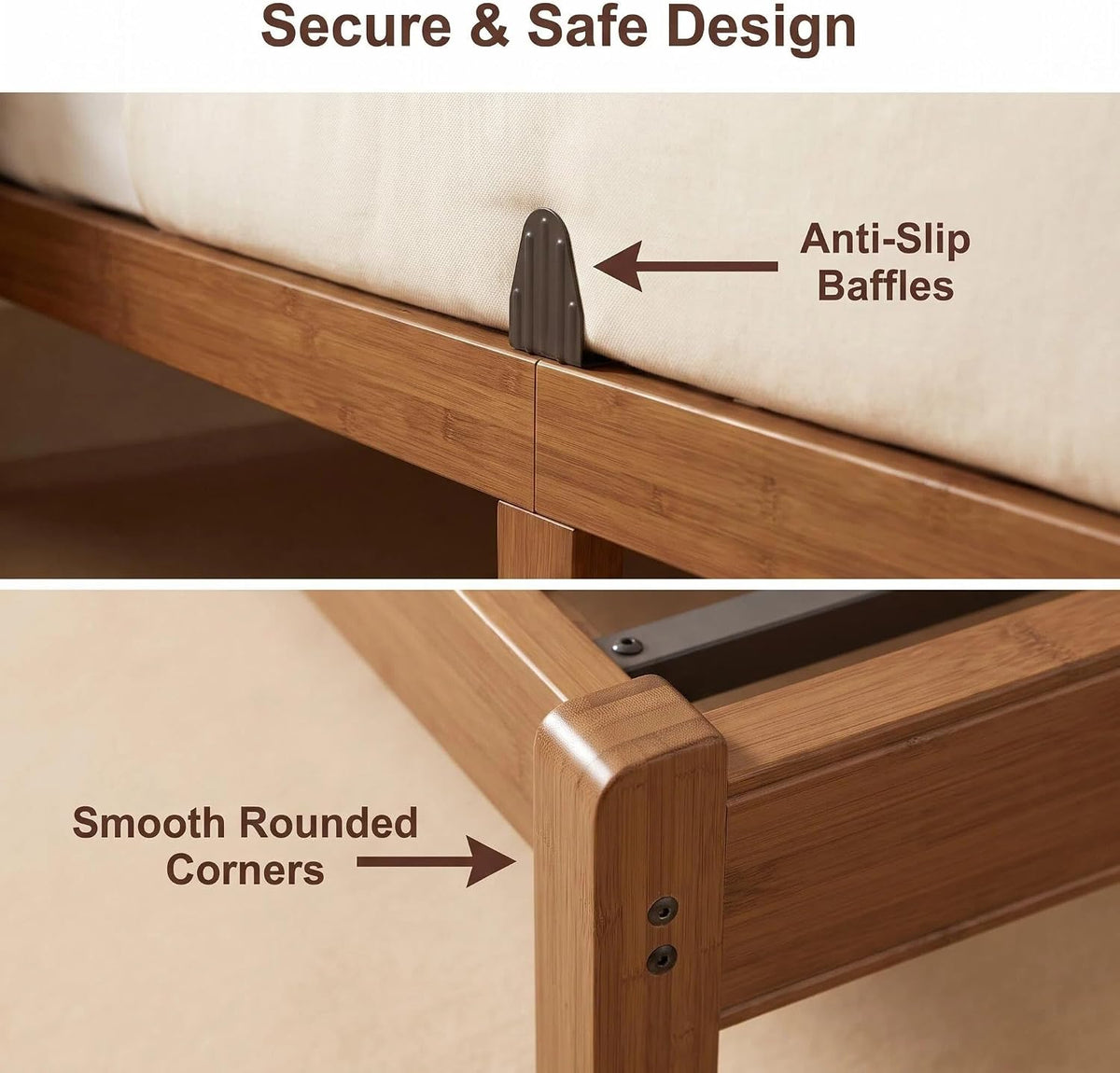 Mid century modern bedroom setup with a queen walnut finish platform bed