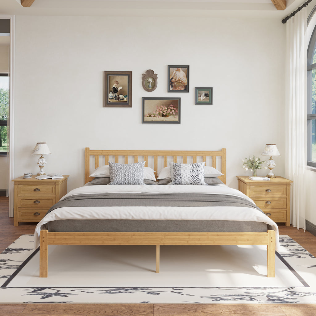 Clean clutter free bedroom space with underbed clearance below queen bamboo platform bed