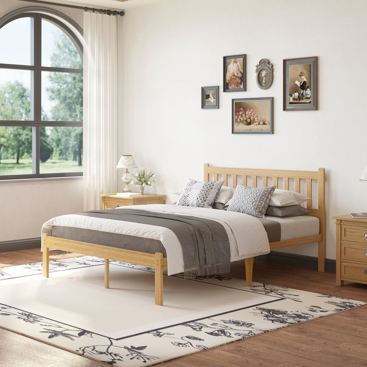 ZIYOO Lattice queen natural bamboo platform bed frame with spindle headboard