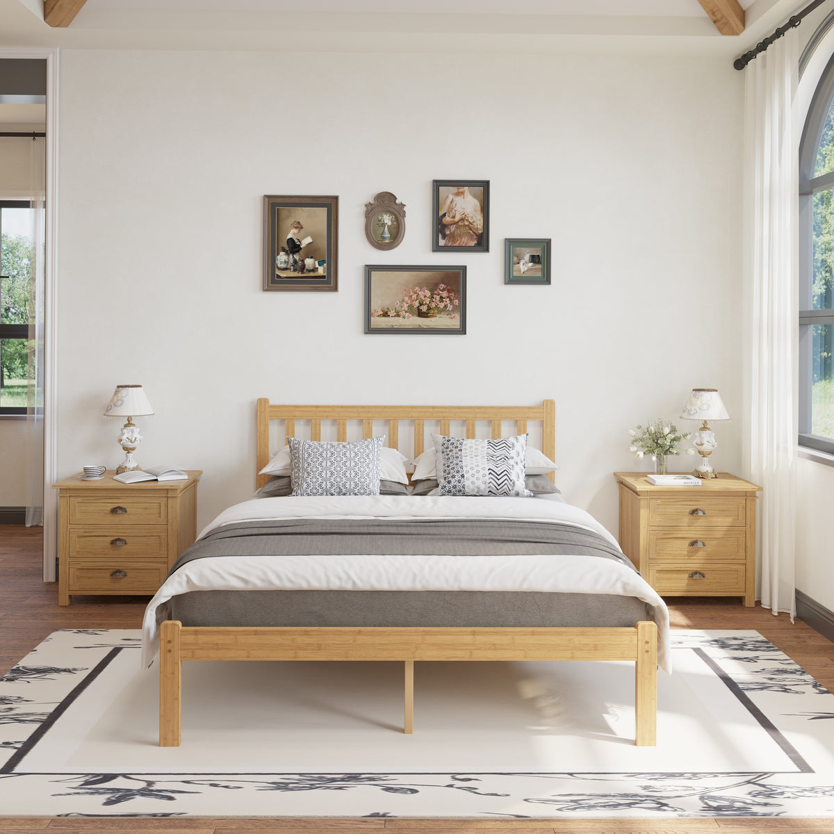 Warm minimalist bedroom layout with light bamboo bed frame and cozy bedside lamp