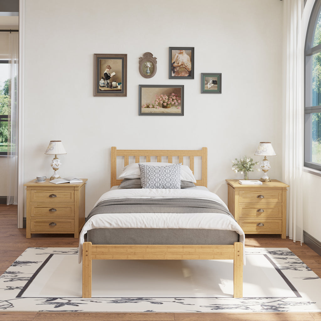 Japandi bedroom style featuring a queen natural bamboo platform bed frame in sunlit room