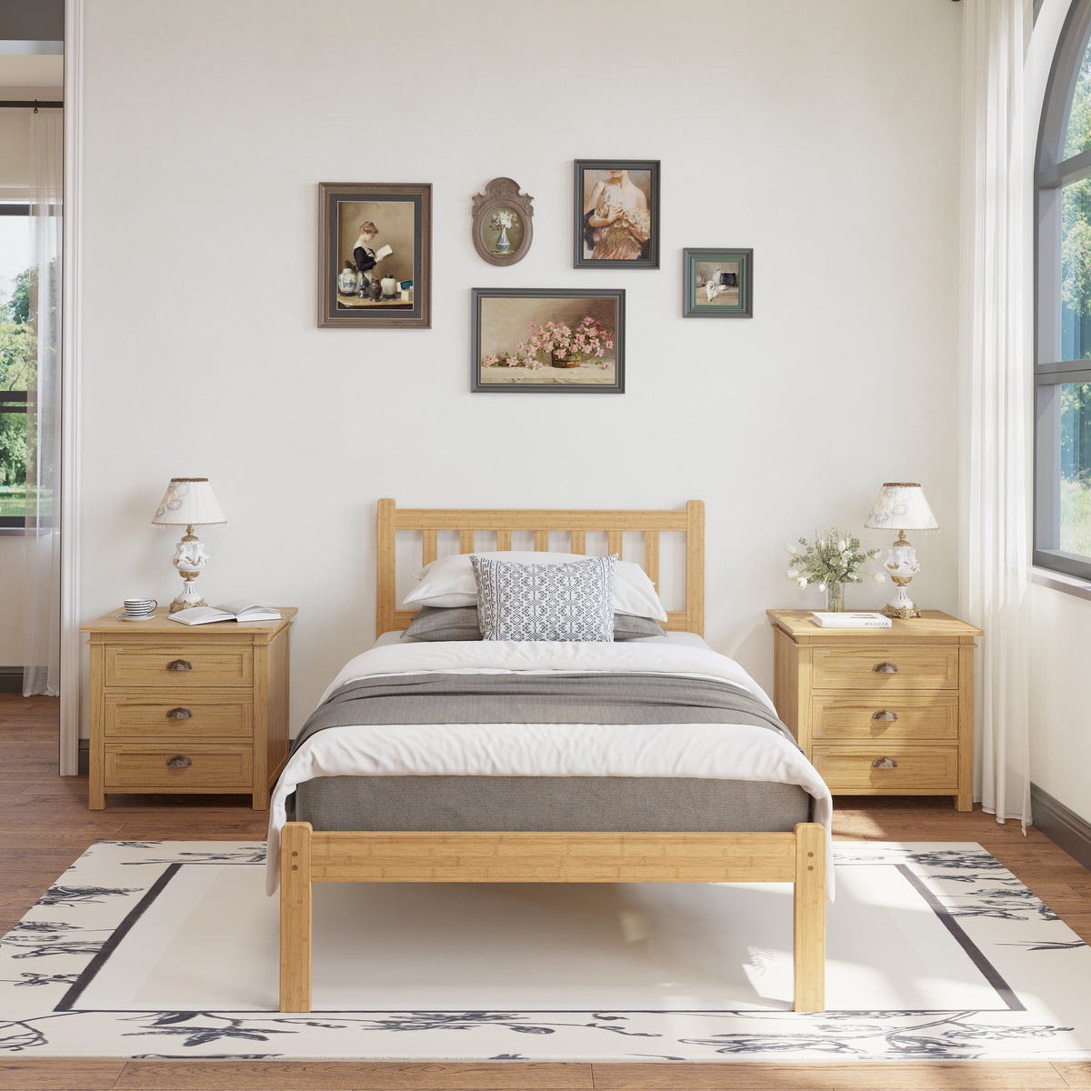 Japandi bedroom style featuring a queen natural bamboo platform bed frame in sunlit room